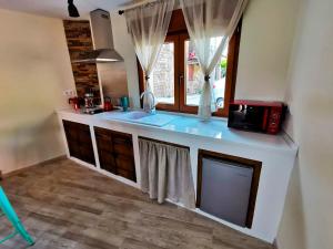 a kitchen with a counter with a microwave and a sink at Apartamentos Casa do Bouza Vello in Sober