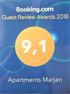 Certifikát, hodnocení, plakát nebo jiný dokument vystavený v ubytování Apartments Marjan