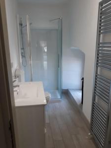 La salle de bains est pourvue d'un lavabo, d'une douche et de toilettes. dans l'établissement CharmeRooms Villa Moroni, à Stezzano