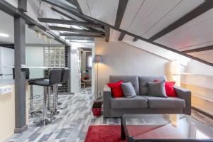 Luna Apartment في مدريد: غرفة معيشة مع أريكة رمادية وسجادة حمراء