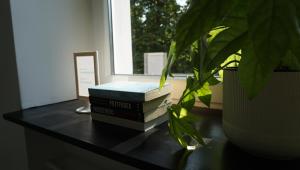 a stack of books sitting on a table with a plant at Lovely Bubbly Apartment in Krakow