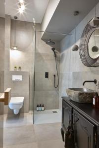 uma casa de banho com um lavatório e um chuveiro com um WC. em Apartament Berg em Szczyrk