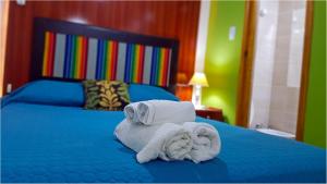 a bed with two towels on a blue bed at Departamentos Segovia in San Rafael