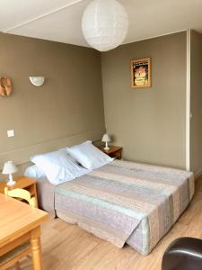 a bedroom with a bed and a table and a desk at RÉSID BEC DE L AIGLE Studio 22 - LE LIORAN in Laveissière
