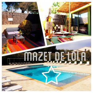 eine Collage mit Bildern eines Pools und einer Flasche Wein in der Unterkunft Le Mazet de Lola in Saint-Rémy-de-Provence