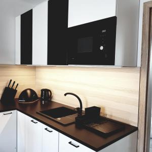 une cuisine avec un évier et un micro-ondes dans l'établissement Apartament z tarasem na dachu B22, à Rowy