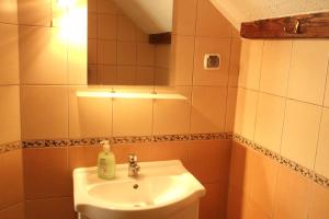 a bathroom with a sink and a mirror at Spichlerz in Rydzewo