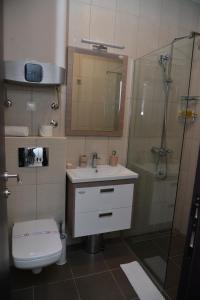 a bathroom with a shower and a sink and a toilet at Helada Apartments in Tivat +46 photos