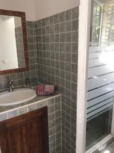 a bathroom with a sink and a mirror at Gite de l'Amandari - classé 3 etoiles Prefecture - piscine chauffée privative, terrasses et jardin, 5 minutes à pied du village in Plan-de-la-Tour