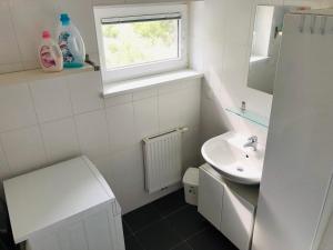a bathroom with a sink and a toilet and a window at GARDEN Apartment PLUS private Beach in Neusiedl am See