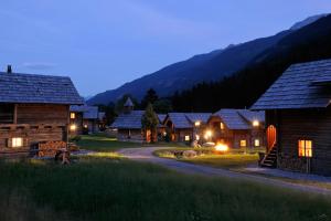 a group of wooden cabins in a village at night at Landgut Moserhof in Penk