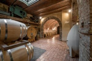 a wine cellar with a row of wine barrels at Fattoria del Colle in Trequanda