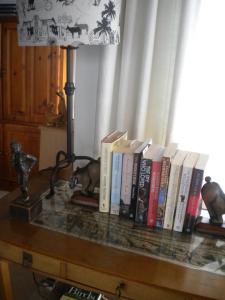 a group of books sitting on a table with a lamp at 22 Julia B&B in Plettenberg Bay