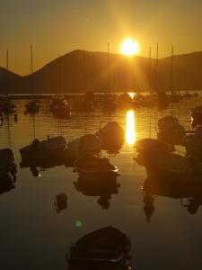a group of boats sitting in the water at sunset at Locanda Miranda in Tellaro