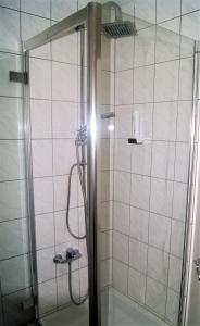 a shower with a glass door in a bathroom at Landhotel Römerkessel in Landsberg am Lech