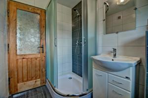 a bathroom with a sink and a shower and a toilet at Dom Na Borku in Ciche