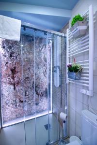 baño con ducha y puerta de cristal en CuencaLoft Alojamientos Solla, en Cuenca