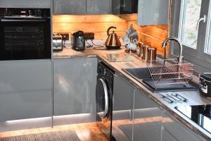 a kitchen with a sink and a washing machine at Long Wood Lodges in Knighton