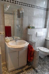 a bathroom with a sink and a shower and a toilet at Villa Biso in Solingen