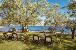 Eine Gruppe von Stühlen und Tischen im Gras in der Nähe des Wassers in der Unterkunft Hotel Vila Rova in Malinska