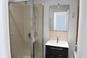 La salle de bains est pourvue d'une douche, d'un lavabo et d'un miroir. dans l'établissement La Grande Marée, à Dieppe