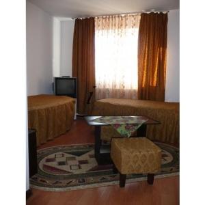 a living room with a table and a bed and a television at Camere de inchiriat EDELWEISS in Dumbrava Roşie