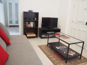 a living room with a couch and a television at Casa Valientes B - Free private parking, patio, WiFi & AC in Jerez de la Frontera