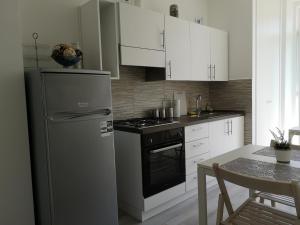 eine Küche mit einem Kühlschrank aus Edelstahl und weißen Schränken in der Unterkunft Julia apartment in Triest