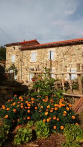a garden with flowers in front of a stone building at La Pierre du Grain in Ravel