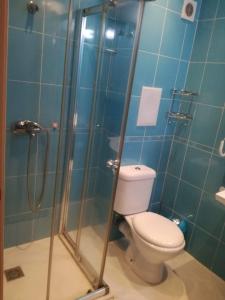 La salle de bains est pourvue d'une douche et de toilettes. dans l'établissement Private apartment in Emberli Aparthotel, à Lozenets