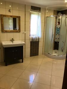 a bathroom with a sink and a shower at Chatka pod Dębami dla pracowników firm in Brzeźnica +8 photos