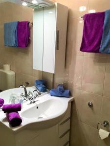 uma casa de banho com um lavatório, um espelho e toalhas roxas em La Chaumière d'Hérens em Vernamiège