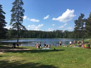 Un gruppo di persone sedute sull'erba vicino a un lago di Barbro 9 a Borlänge