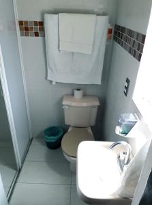 a small bathroom with a toilet and a sink at Oaxaquita la Bella in Oaxaca City