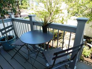 a table and chair on a porch with a potted plant at Private Rooms, Shared Bath in a Private Home Minutes From Logan Airport in Boston