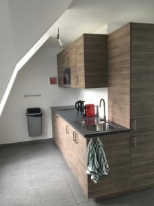 a kitchen with wooden cabinets and a sink at Casa Akuta Airport Flat in Kortenberg