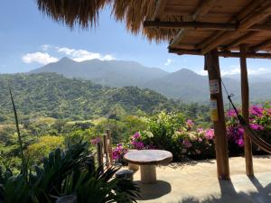 a bench on a patio with mountains in the background at Moon Wind Tayrona Hostel by Rotamundos in El Zaino