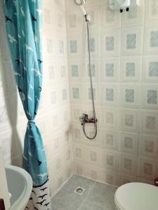 a bathroom with a shower with a blue shower curtain at Bodrum Blu Hotel in Bodrum City
