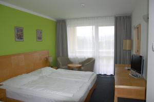 フリンブルクにあるApartmány Wellness Holiday Frymburkのベッドとテレビが備わるホテルルームです。