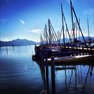 un muelle con un montón de barcos en el agua en Ferienwohnung Seebruck am Chiemsee en Seebruck