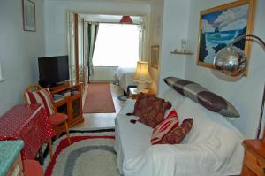 een woonkamer met een bank en een televisie bij The Willows in Tintagel