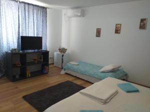 a living room with a bed and a tv at Casa din Deal in Corbu