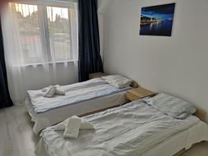two twin beds in a room with a window at Willa Magnolia in Szczecin +42 photos