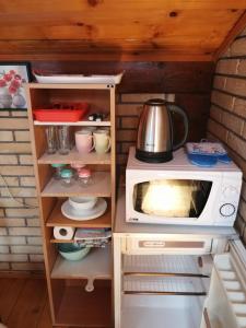 cocina pequeña con fogones y microondas en Djukic apartments en Budva