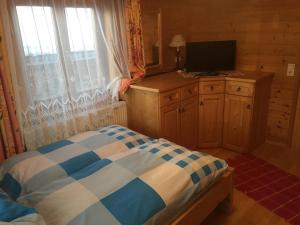 a bedroom with a bed and a television and a window at Nagellehen in Flachau