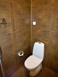 a bathroom with a toilet and a tiled wall at Romance in Ventspils