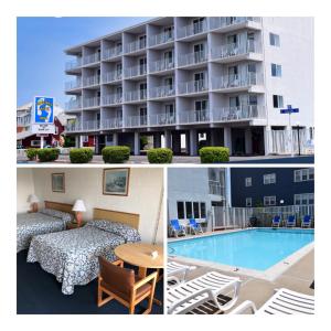 a hotel room with a swimming pool and a hotel at Beachcomber Motel in Ocean City