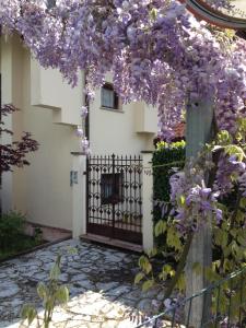 une porte en face d'une maison avec des fleurs violettes dans l'établissement B&B Piccole Dolomiti, à Belluno