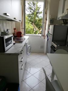 een keuken met een wastafel, een raam en een magnetron bij Là Mì Cà in La Spezia