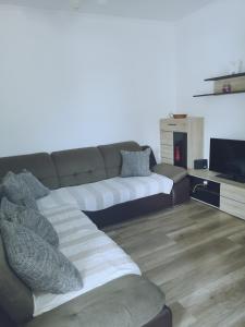 a living room with a couch and a television at APP EMONA in Bašanija